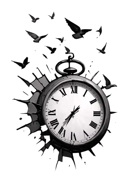 numbers flying off a broken clock tattoo design idea