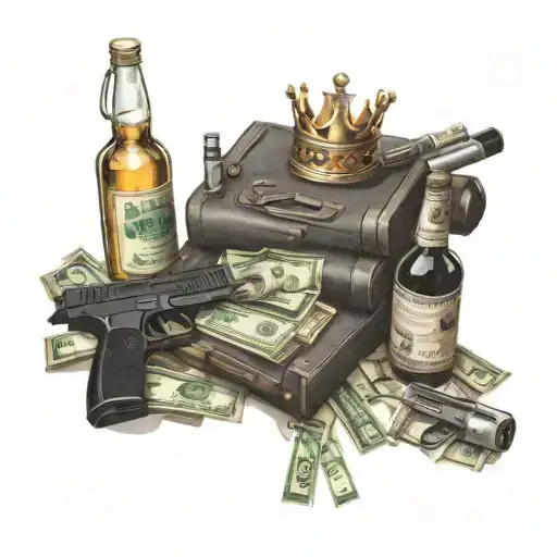 A stack of cash with a crown on top surrounded by guns and bottles of alcohol tattoo design idea