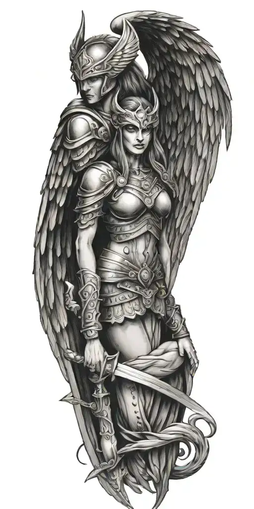 Craft a tattoo design of a Valkyrie with blood red wings, embodying the client's passion for both Viking mythology and vampire aesthetics tattoo design idea