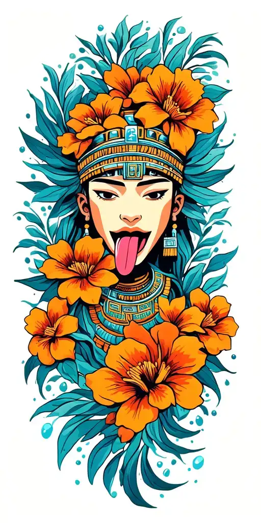 Mayan warrior tongue out flowers water Mayan tribal pattern tattoo design idea