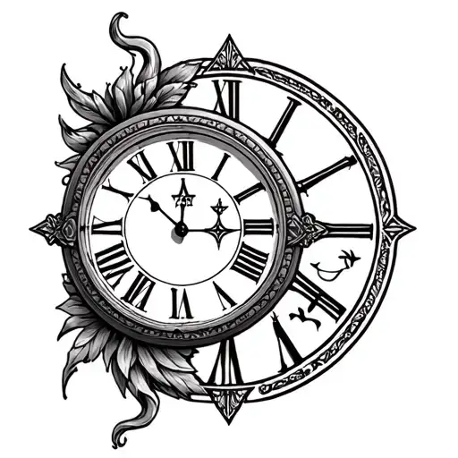 please design me a tattoo including an old fashioned clock, Aquarius star sign, Libra star sign, mother, daughter and Li tattoo design idea