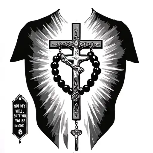 a full chest tattoo with a rosary coming down my chest with the verse “ not my will , but your will be done” as well as  tattoo design idea