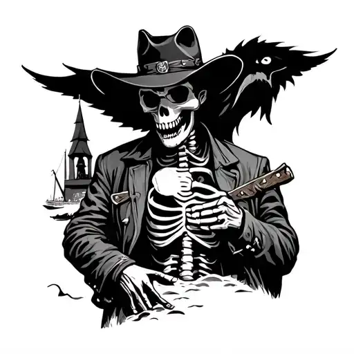 Skeleton cowboy in the harbor of a church with an angry black wolf above with a scar on his white eye in a sleeve tattoo design idea