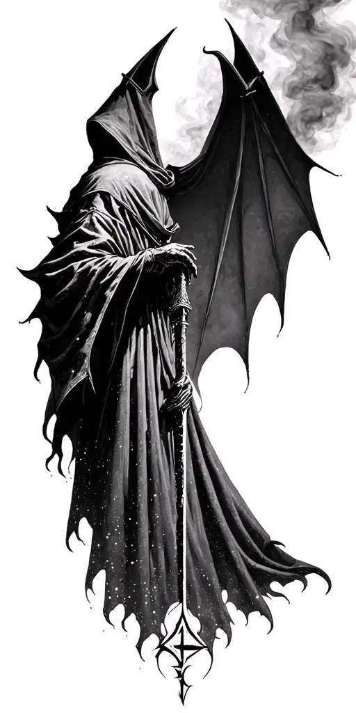 hooded reaper silohuette, smoke, fire, scary, bat wings, Viking runes, kenaz rune tattoo design idea