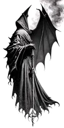 hooded reaper silohuette, smoke, fire, scary, bat wings, Viking runes, kenaz rune tattoo design idea