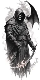 hooded reaper silohuette, smoke, fire, scary, bat wings, Viking runes, kenaz rune tattoo design idea