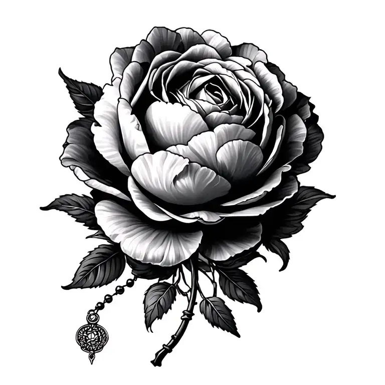 peony, rose and rosary wrapped tattoo design idea