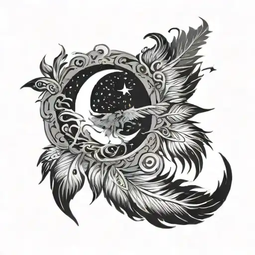 a moon with a star for stomach coming out of feathers  tattoo design idea