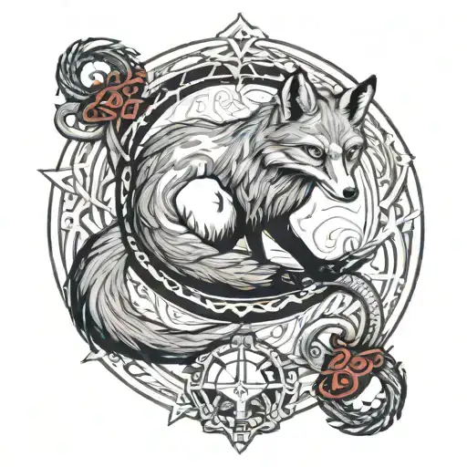 Ouroboros fox tarot devil in red and blue tones tattoo design idea