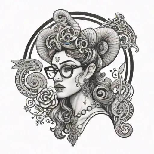 Goddess Aries wearing glasses surrounded by music notes tattoo design idea