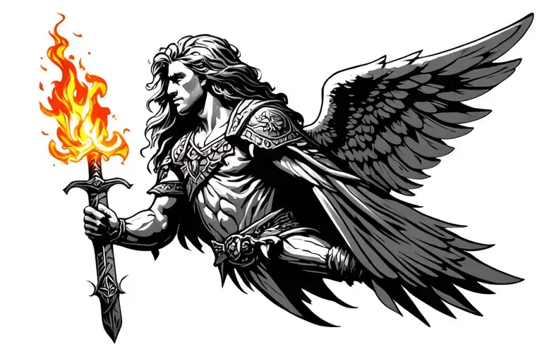 trojan guardian angel holding a flaming sword tattoo design idea