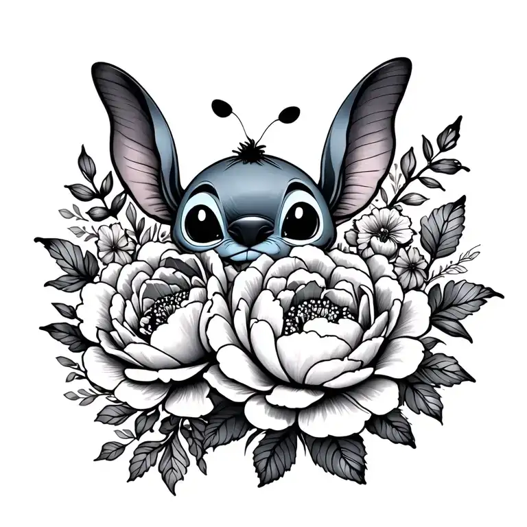little stitch and peonies and butterfly tattoo design idea