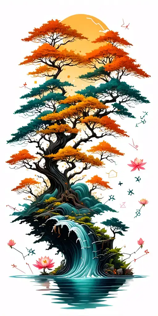 random constellation & layered Japanese landscape of trees,water,bamboo,tiny lotuses,and wood mechanical gears. tattoo design idea