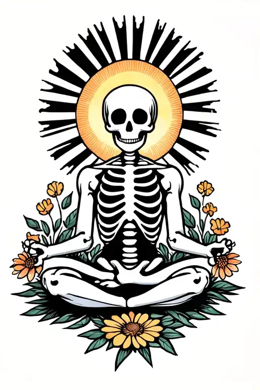 happy skeleton meditating, big sun with rays behind him, flowers as filler for sleevee  tattoo design idea