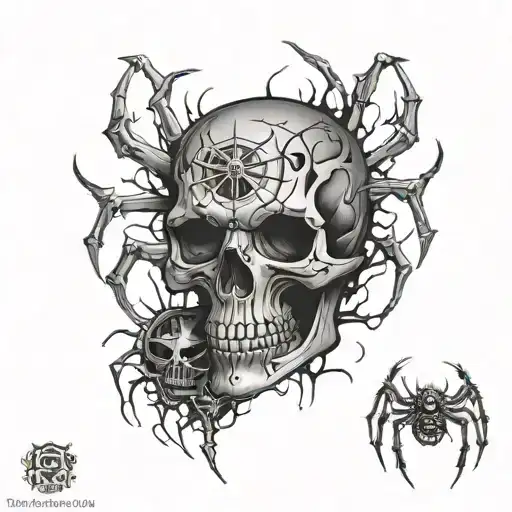 skull with spiders coming out of eyes surrounded tattoo design idea