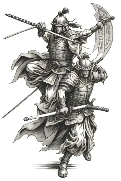 an samurai holding a katana and a spartan holding his sword both in a respectfull position back to back tattoo design idea