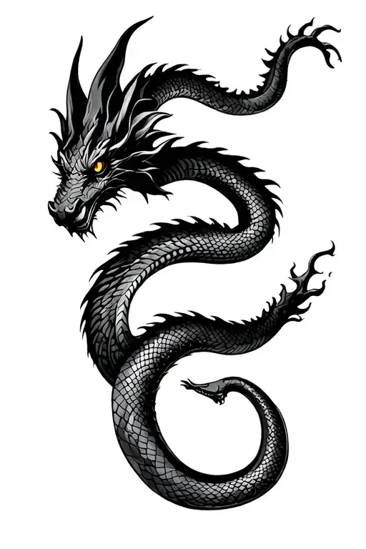 A black upward flying dragon intertwined with a snake tattoo design idea