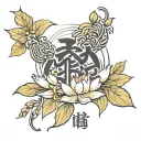 Kaizen (改善) "Continuous improvement and personal growth." Design: Delicate kanji intertwined with blooming lotus petals, tattoo design idea
