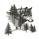 wolf in a forest with a silhouette tattoo design idea