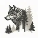 wolf in a forest with a silhouette tattoo design idea