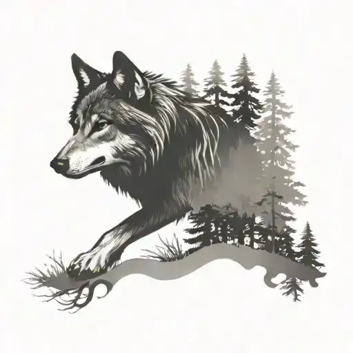 wolf in a forest with a silhouette tattoo design idea
