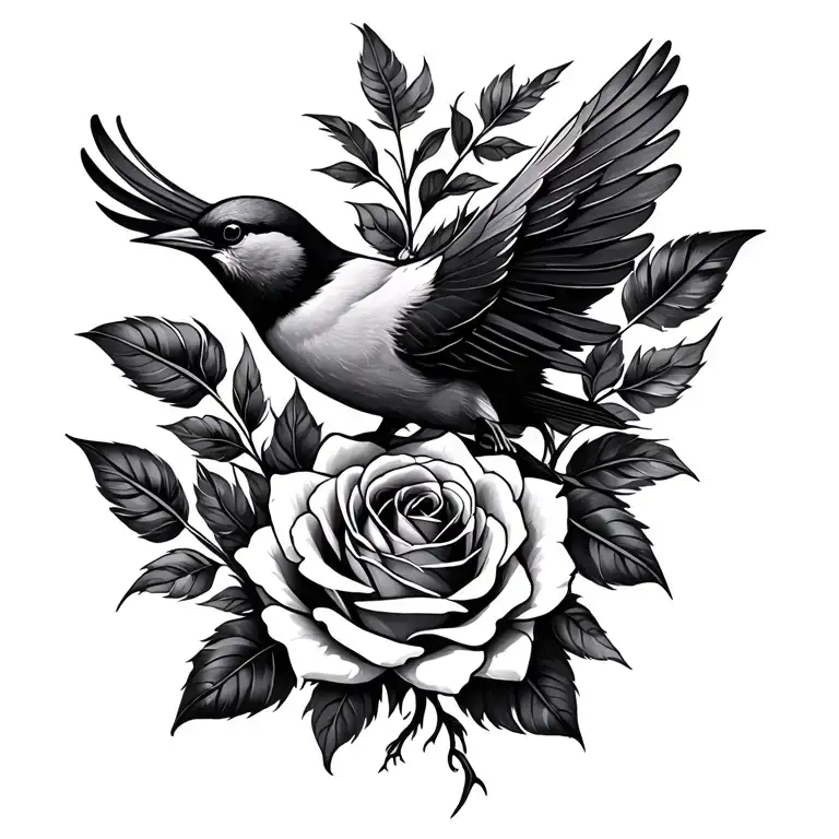 bird, feathers roses intertwined tattoo design idea