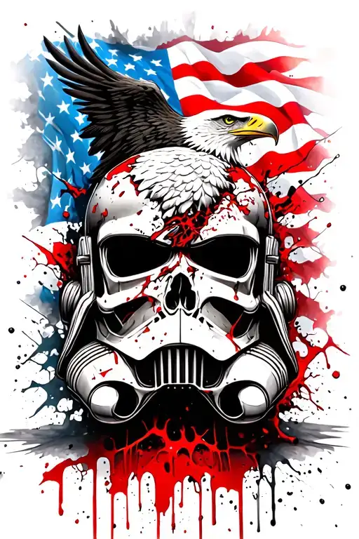 small star wars helmet with broken skull with huge eagle on top of it mixed in with a realistic american flag on top tattoo design idea