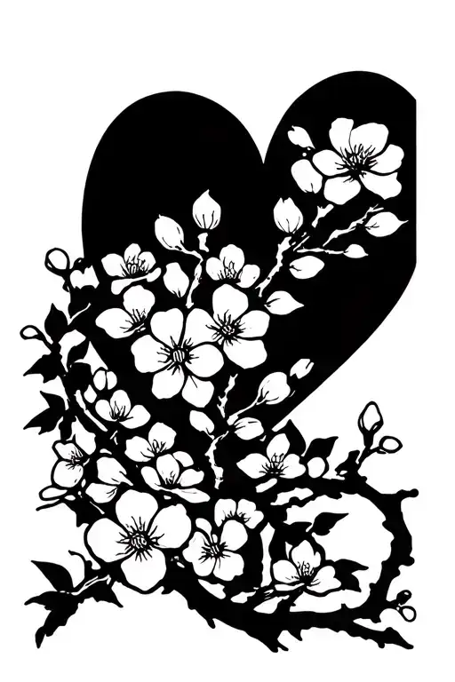 Silhouette of cherry blossom branches forming a heart with blossoming flowers and buds. In the center is a Japanese drag tattoo design idea