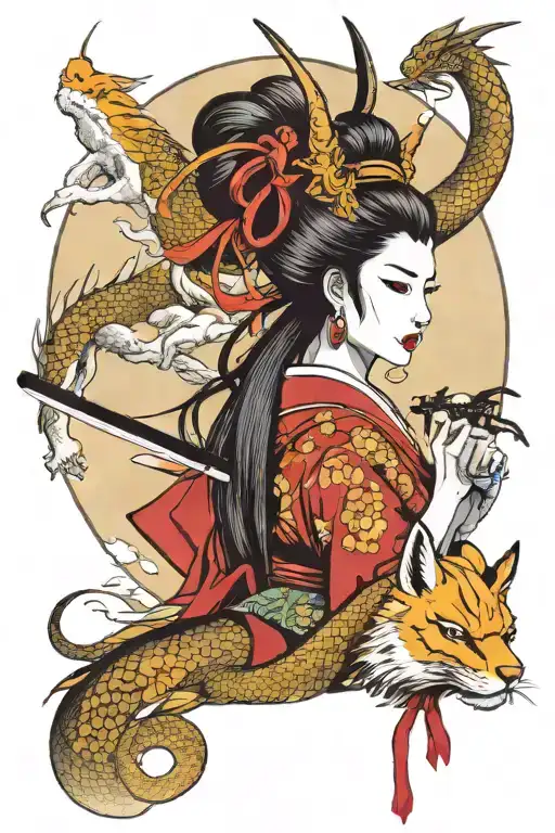 geisha samurai holding katana sword and kitsune mask with dragon and moonlight. geisha samurai touch her sexy lip tattoo design idea