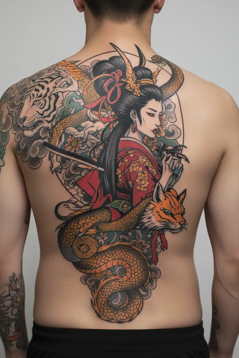 geisha samurai holding katana sword and kitsune mask with dragon and moonlight. geisha samurai touch her sexy lip tattoo design idea