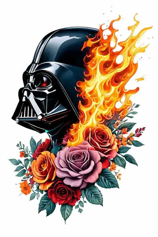 Darth Vader's head in profile with a side melted by fire showing part of the skull, behind a floral with roses in tattoo design idea