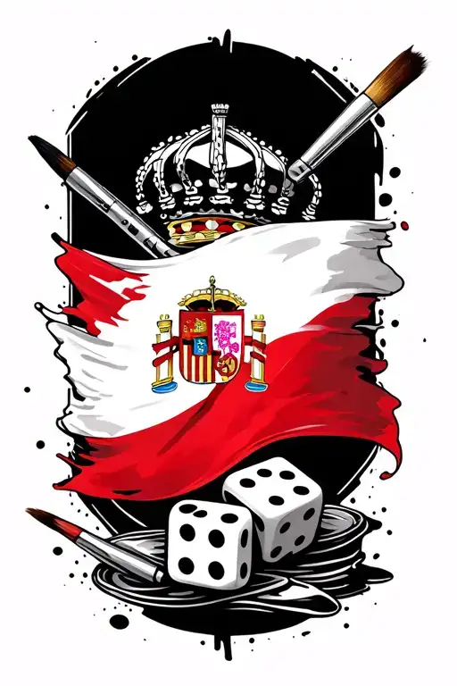 a tattoo with Spanish flag, dice and paint brushes tattoo design idea