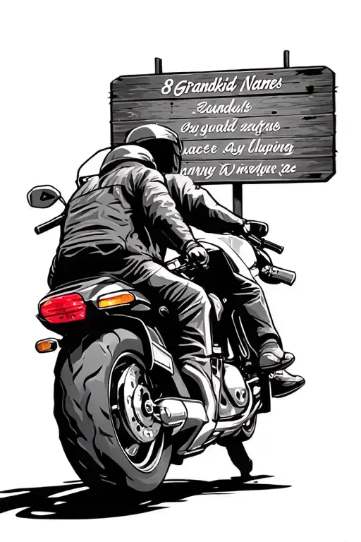 motorcycle on highway with sign with 8 grandkid names tattoo design idea