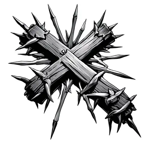 Cross made of Nails with crown of thornes wrapped around the top tattoo design idea