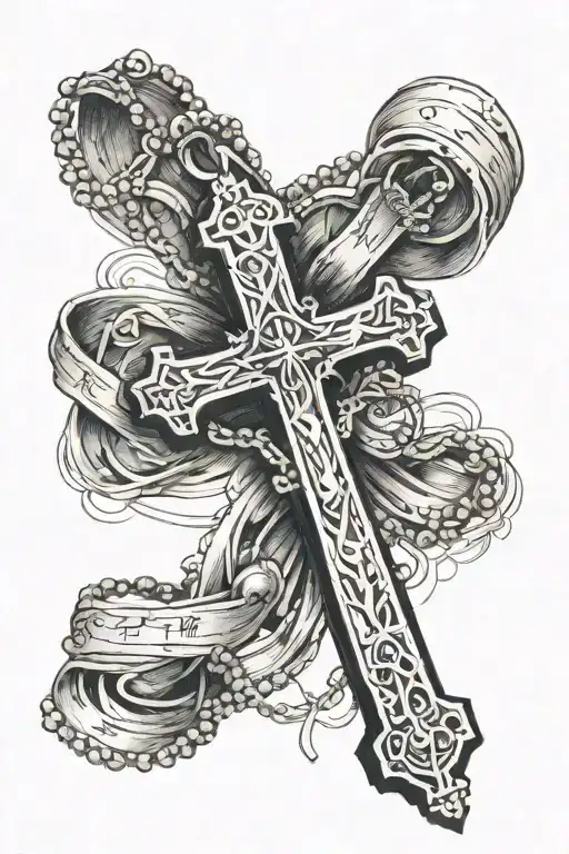 christian cross with rosary and words wrapped loosely tattoo design idea