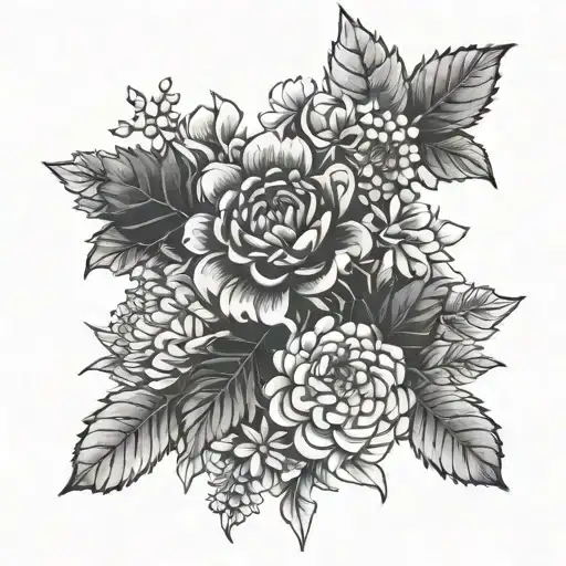 one carntion, one holly, one violet, and one Chrysanthemums in a bouquet with simple bow tying it together tattoo design idea