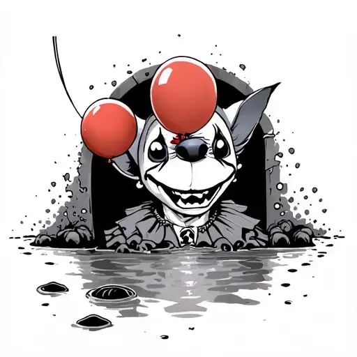 Concept: Stitch peeking out of a sewer, red balloon in one, dressed as pennywise with an evil grin  tattoo design idea
