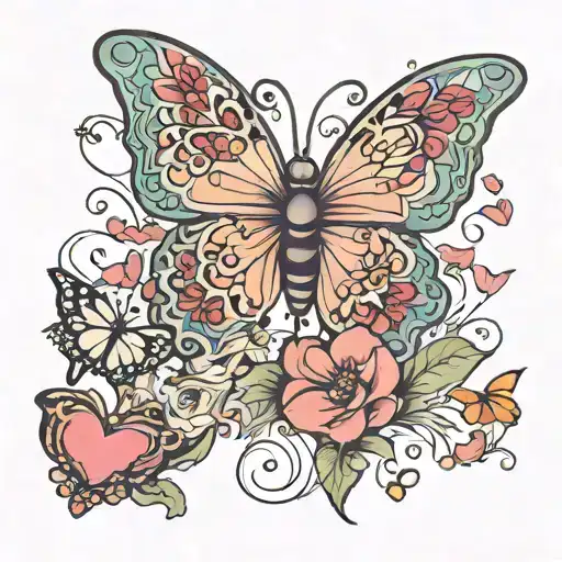 Frankie Joy written with butterflies and lovehearts tattoo design idea