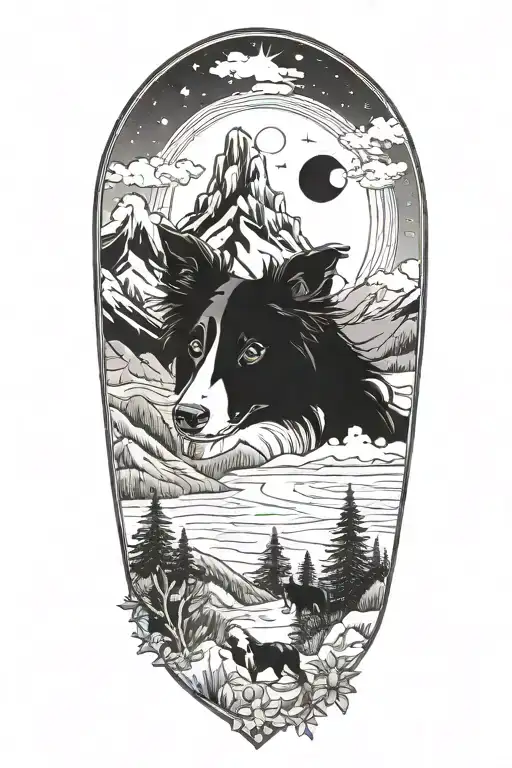 border collie face compass in mountain scene tattoo design idea