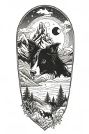 border collie face compass in mountain scene tattoo design idea