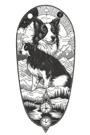 border collie face compass in mountain scene tattoo design idea