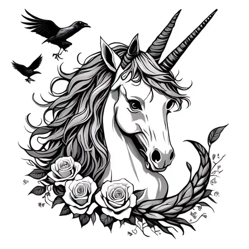 A whimsical tattoo of a unicorn with a skull patterned mane and tail, surrounded by roses and ravens tattoo design idea
