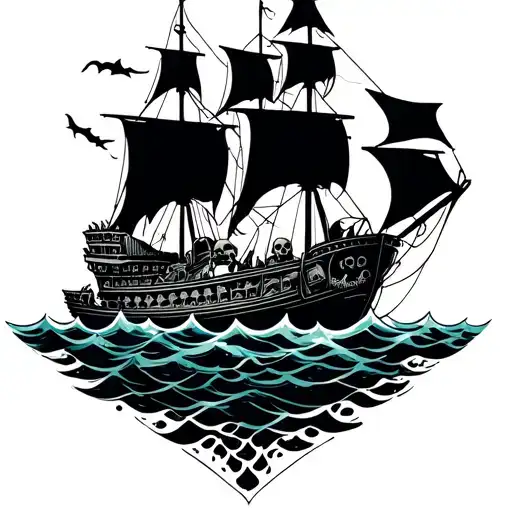 haunting deteriorated ghost ship with skulls in a sea tattoo design idea