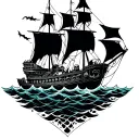 haunting deteriorated ghost ship with skulls in a sea tattoo design idea