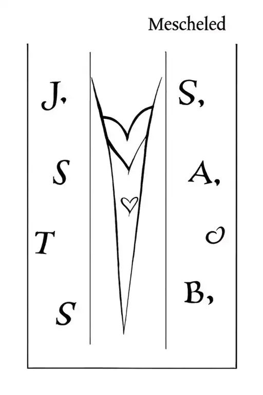 Lyrics J, S, T, A, B, S Meschled in a vertical tattoo with a heart in half tattoo design idea
