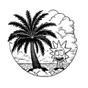 palm trees with cloud background and rick and morty tattoo design idea