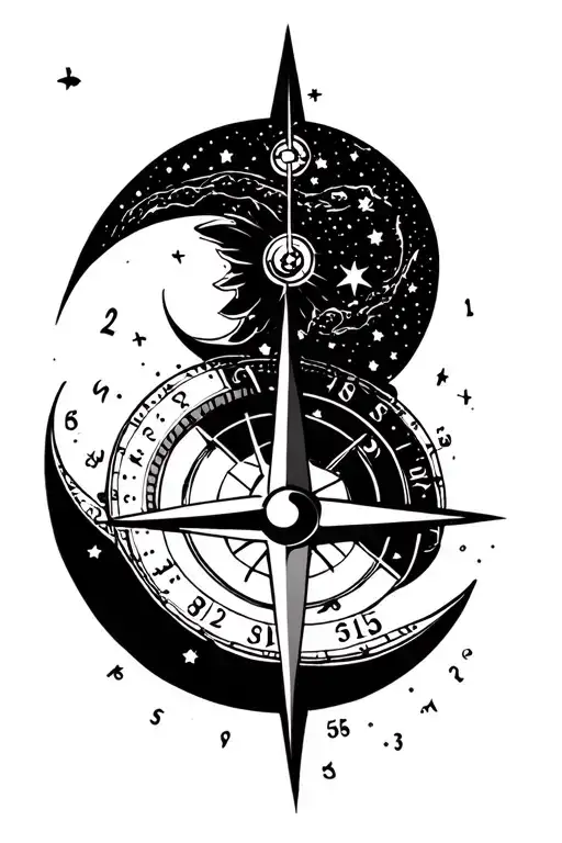 compass and moon and numbers 5855 tattoo design idea