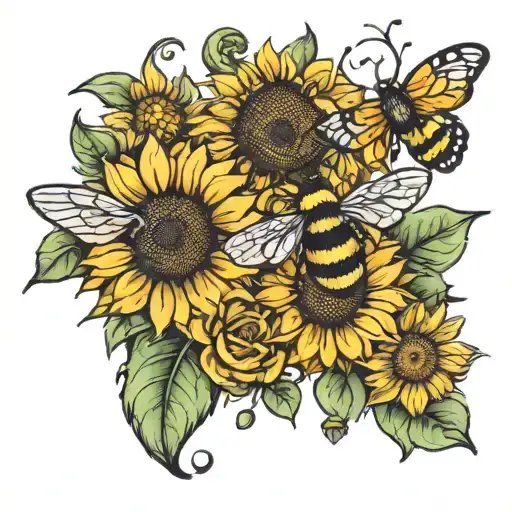sunflowers, daisies and bees tattoo design idea