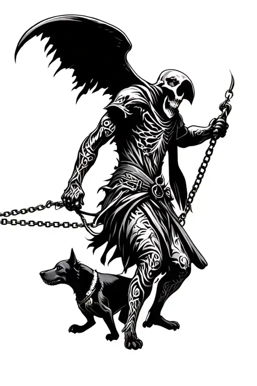 reaper being pulled into battle by a dog on a chain tattoo design idea