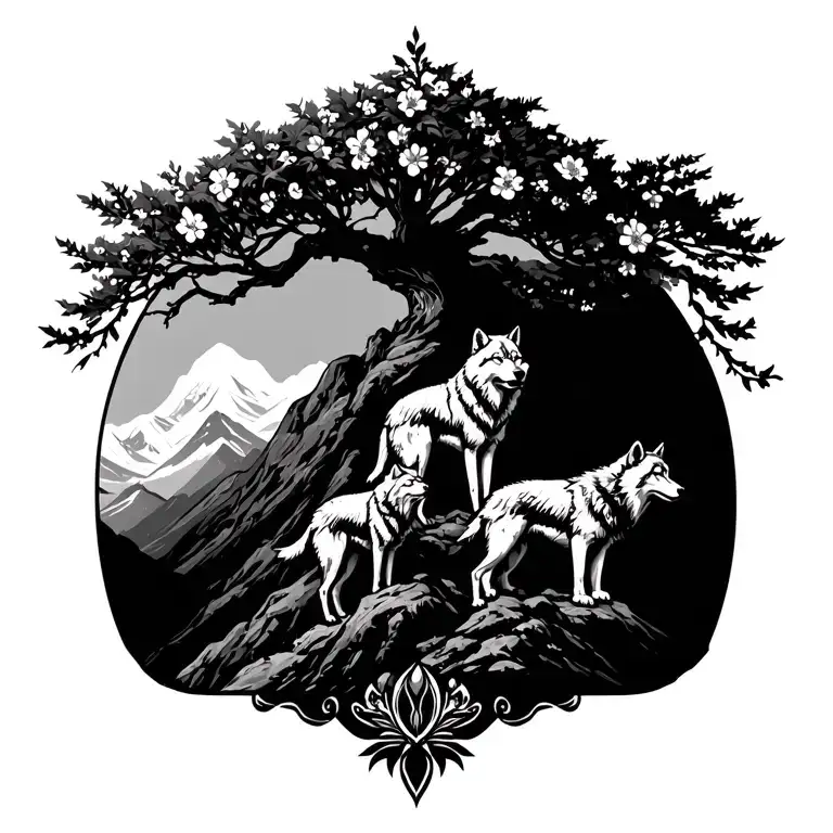 On a high mountain stands a majestic cherry in flowers. Under its delicate branches, three wolves stand tattoo design idea